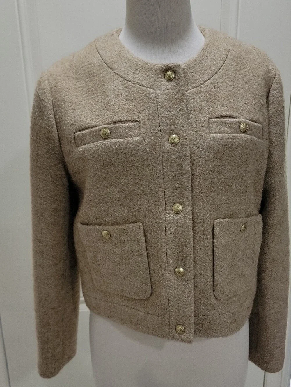 J. Crew Collection Neutral Beige Bouclé Gold-Button Cropped Jacket